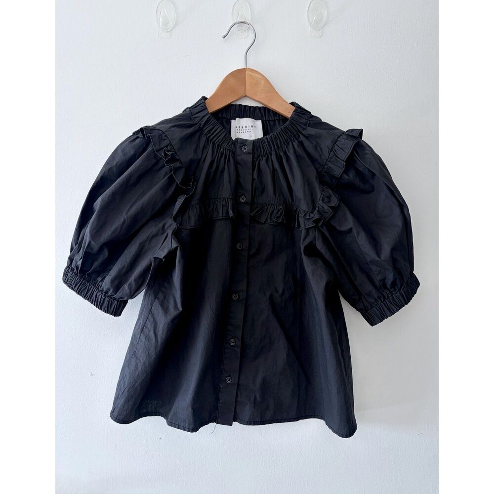THE SHIRT Rochelle Behrens Black Ruffle Puff Short Sleeve Blouse Womens Small